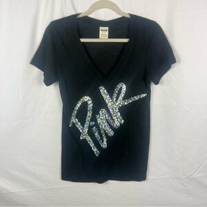 PINK Victoria's Secret Black V-Neck Sequin Tee